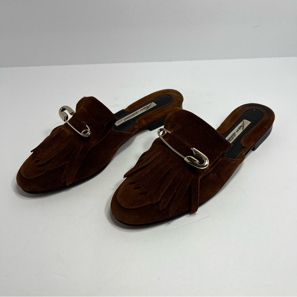 Brian Atwood Luna Brown Safety Pin Fringe Suede Mule Slides SZ 6.5 - Picture 3 of 7
